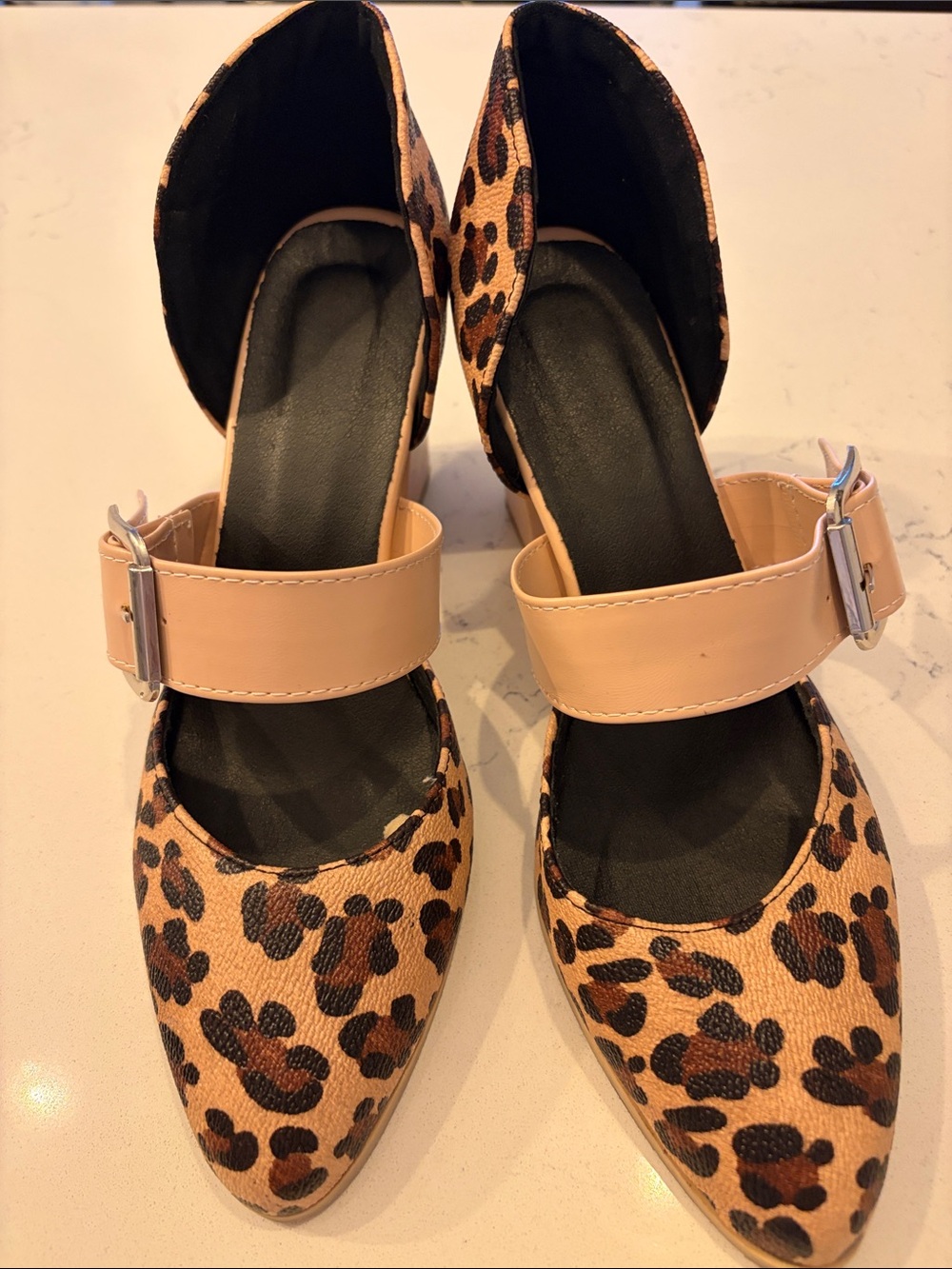 Leopard Print Pointed-Toe Mary Jane Block Heels with Nude Strap (W10)